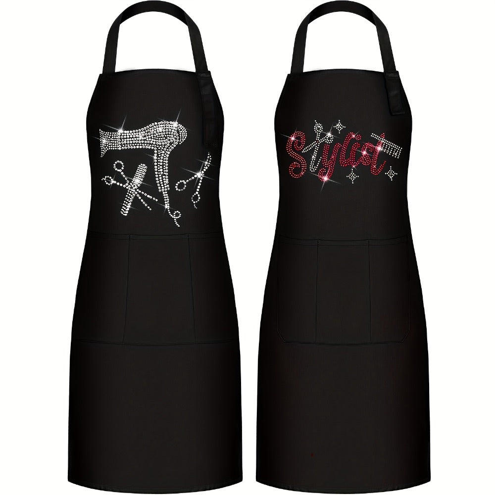 Rhinestone Barber Apron Set of 2 – Professional Hair Stylist Salon Smock 3 Pockets Hairdresser Apron Unisex Durable Barbershop Uniform