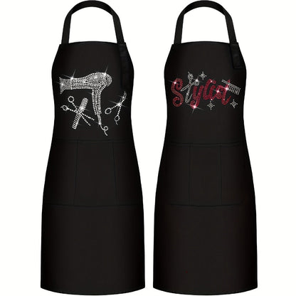 Rhinestone Barber Apron Set of 2 – Professional Hair Stylist Salon Smock 3 Pockets Hairdresser Apron Unisex Durable Barbershop Uniform
