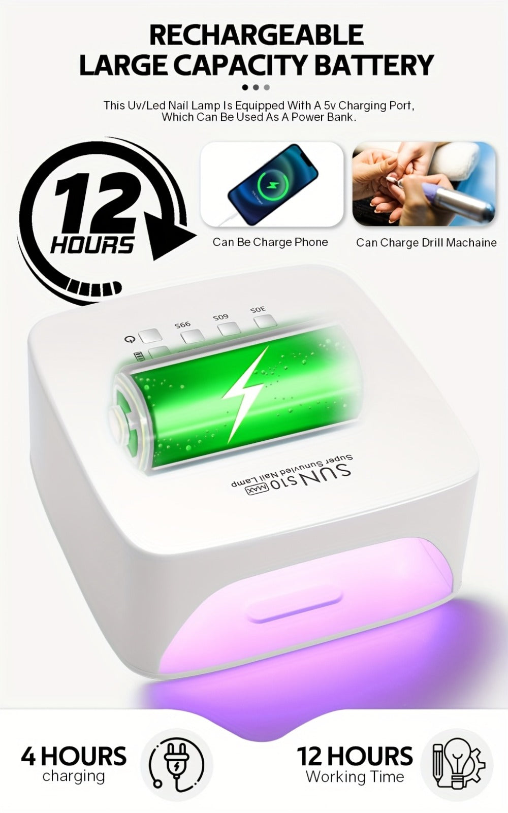 Rechargeable Wireless Nail Lamp 30 LED Beads 365+405nm UV Gel Curing Light 3 Timer Settings Infrared Sensor Portable Nail Dryer for All Gel