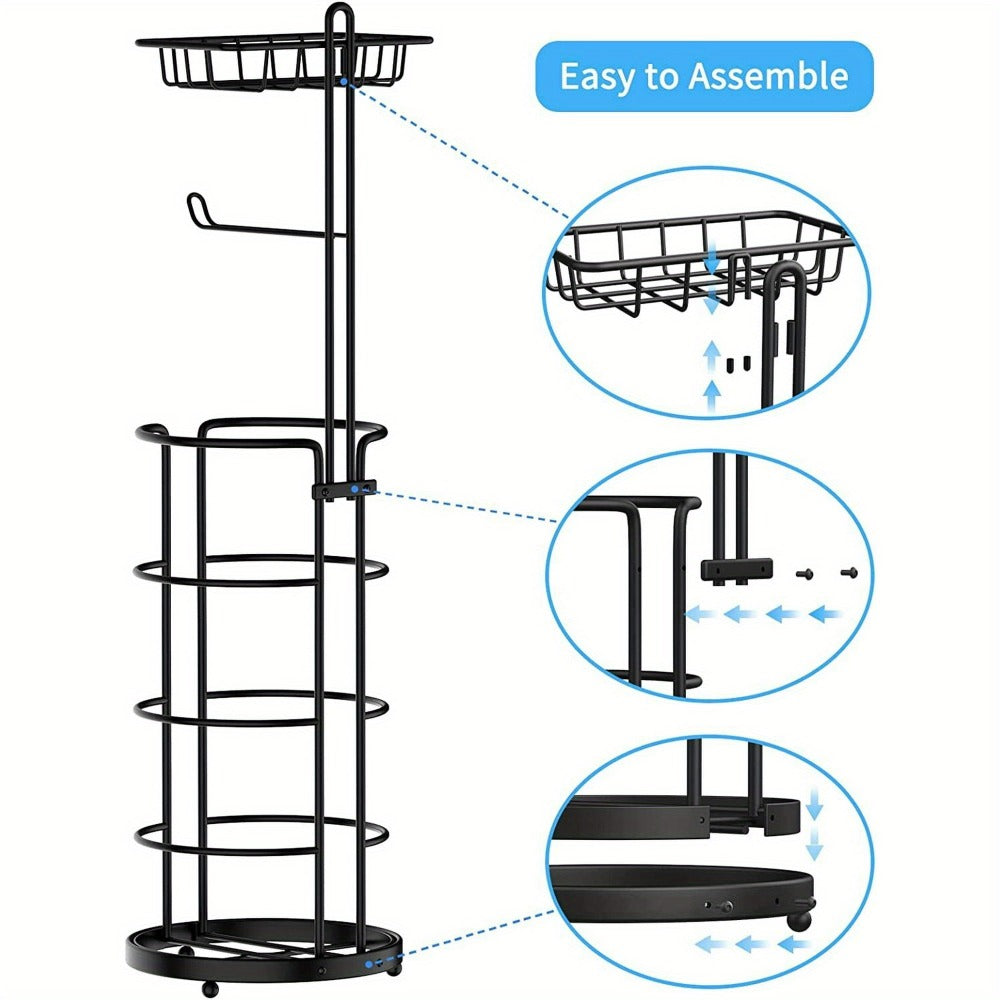 Freestanding Toilet Paper Holder with Round Four-Roll Storage Cage, Upper Shelf and One- or Two-Pack Options