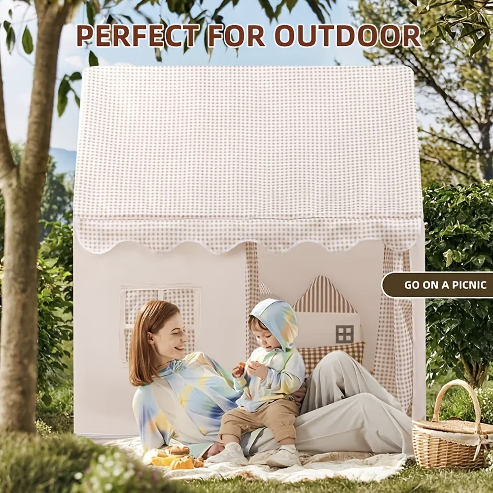 Brown Gingham Cabin Kids Play Tent with 130 x 120 x 106cm Frame, Three Windows and Storage Pouch