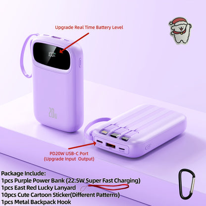 Power Bank 10000mAh with Three Built-In Cables, 5W/15W/22.5W Options, Digital Display and Lanyard
