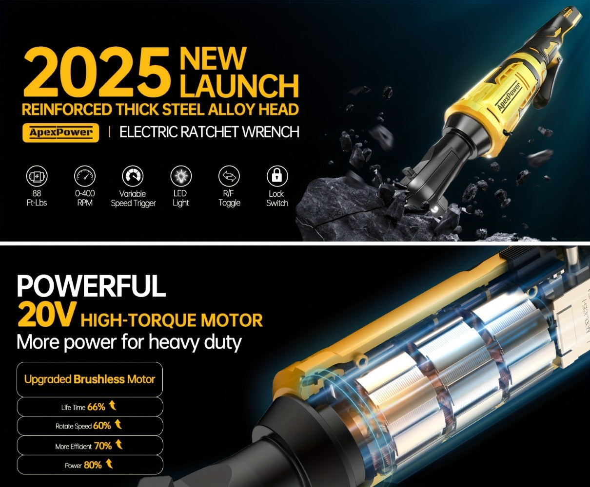Cordless Electric Ratchet Wrench 3/8'' & 1/2'' Drive, Compatible with Dewalt 20V Max Battery, 88 Ft-lb High Torque