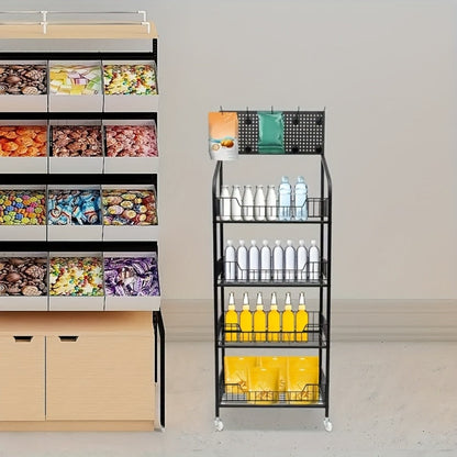 4-Tier Metal Display Rack with Wheels – Rolling Floor Shelf for Kitchen, Store & Home Storage Organization