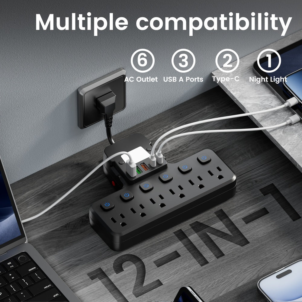 Desk Lamp Power Strip 12-in-1 with Adjustable LED Light, 6 AC Outlets & 5 USB Ports (3 USB-A + 2 USB-C)
