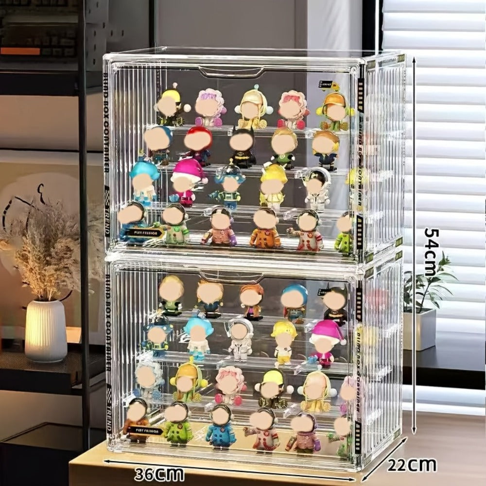 Acrylic Display Case for Figures 3 & 4 Tiers with Adjustable Dividers – Clear Dust-Proof Showcase Box with Magnetic Door for Collectibles