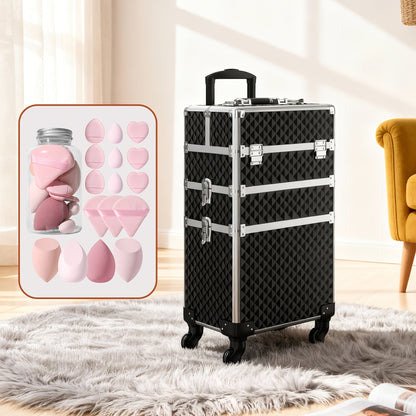 Three-Section Rolling Makeup Train Case with Telescoping Handle in Black or Pink and Sponge Set