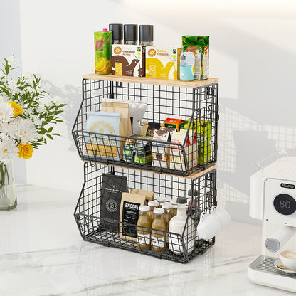 Stackable Metal Wire Fruit Basket with Lid, 1 or 2-Tier Hanging Kitchen Pantry Storage Bin