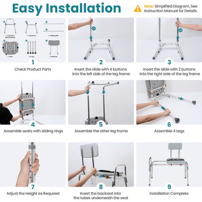 Sliding Bathtub Transfer Bench with Reversible Grey Seat, Safety Rail, Backrest and Adjustable Legs