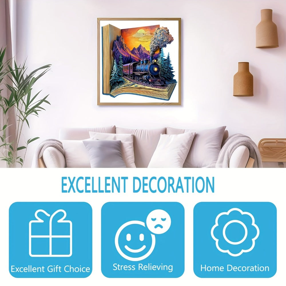 Galloping Train Wooden Jigsaw Puzzle with Book-Style Scene and 5.7 or 11.2 Inch Size Options