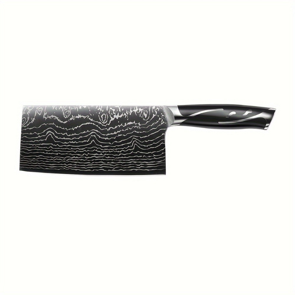 Kitchen Knife Set 7-Piece Damascus-Pattern Stainless Steel with Four Knives, Shears, Honing Rod and Rotating Block