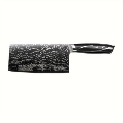 Kitchen Knife Set 7-Piece Damascus-Pattern Stainless Steel with Four Knives, Shears, Honing Rod and Rotating Block