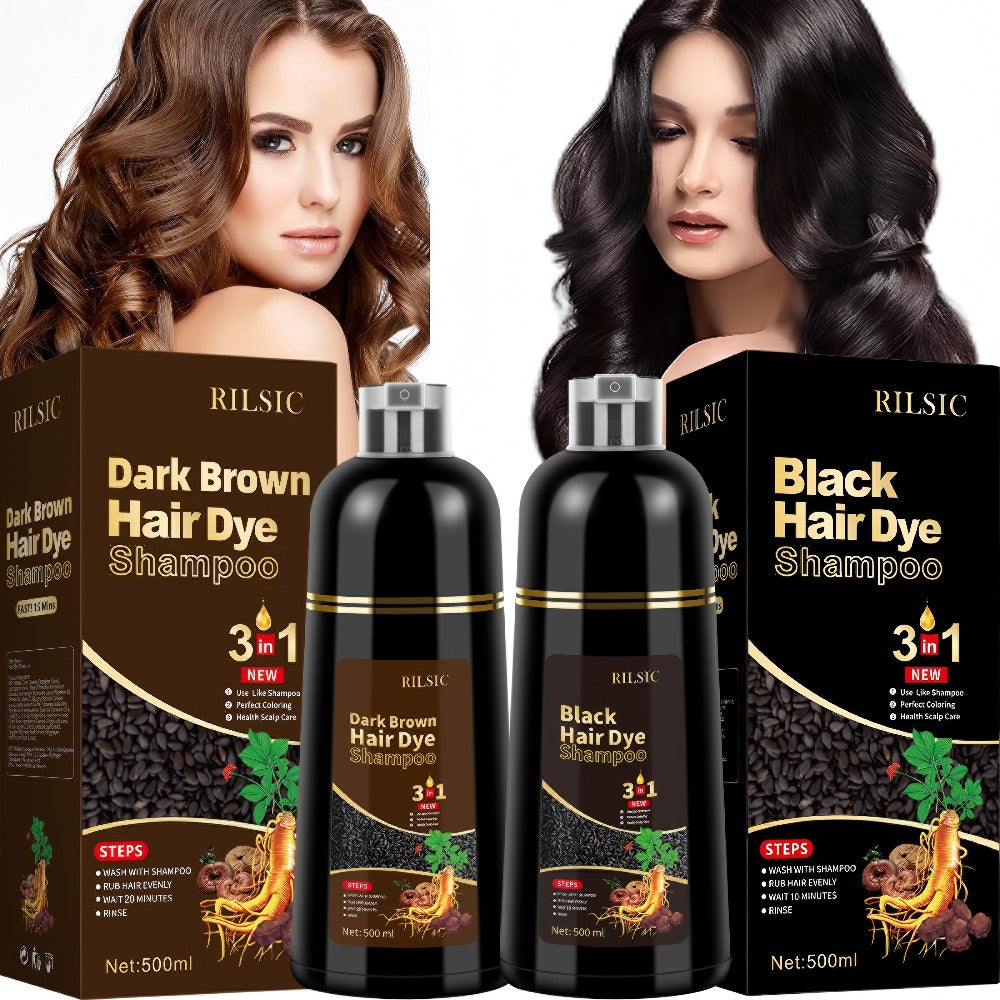 Grey Hair Dye Shampoo 3-in-1 Natural Plant-Based Herbal Formula – Non-Stick Scalp, Covers White Hair in Minutes, 500ml – Black, Dark Brown