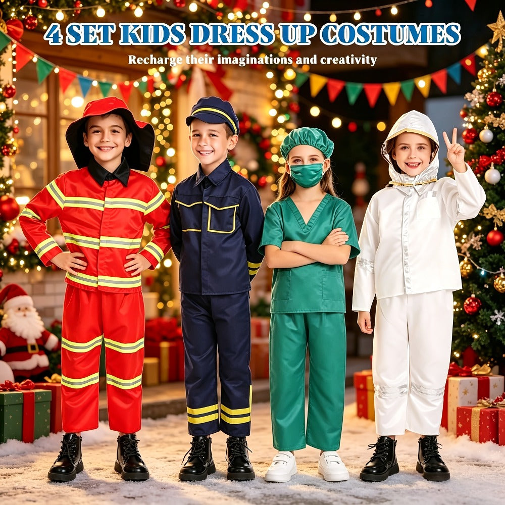 Kids Dress Up Costumes Set 4-in-1, Firefighter, Police, Astronaut & Doctor Role Play Clothes for Boys Girls Ages 3-6