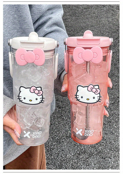 Hello Kitty Water Bottle with Straw 30 Oz, Large Cartoon Tumbler for Women & Girls, Portable Outdoor Sports Cup with Bow & Sticker