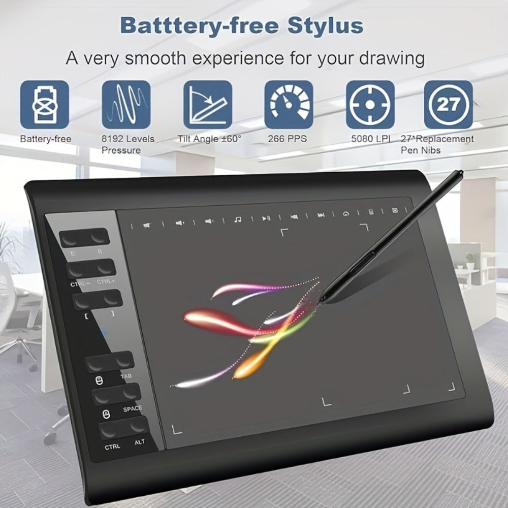 Graphics Drawing Tablet 10x6 Inch, 8192 Levels Pressure Sensitivity Battery-Free Stylus, 12 Programmable Shortcut Keys