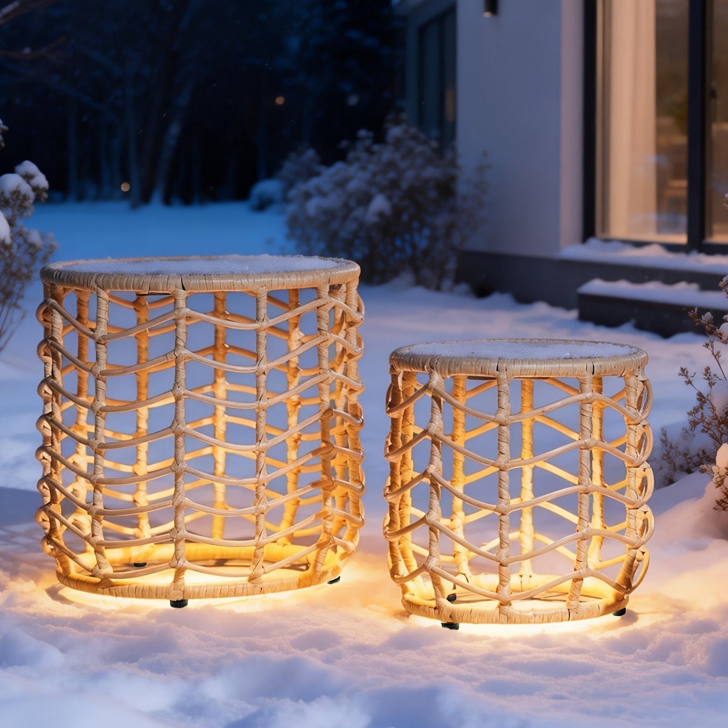 Outdoor Side Tables for Patio, Set of 2 Nesting PE Wicker Frames with Tempered Glass Tops for Patio or Balcony Layouts