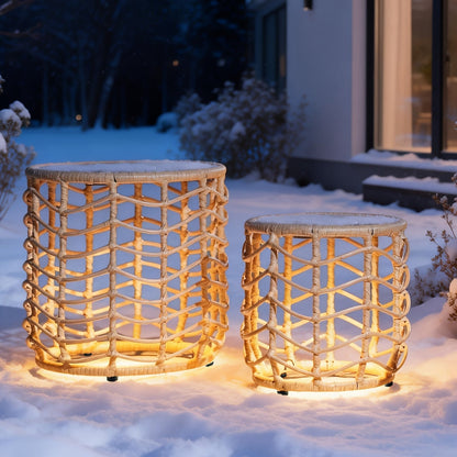 Outdoor Side Tables for Patio, Set of 2 Nesting PE Wicker Frames with Tempered Glass Tops for Patio or Balcony Layouts