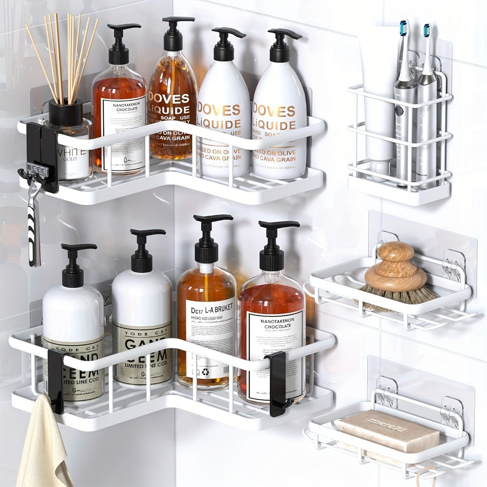 Corner Shower Caddy 5 Pack with Soap Holder & 4 Removable Hooks – Rustproof No Drill Shower Shelf Organizer for Inside Shower