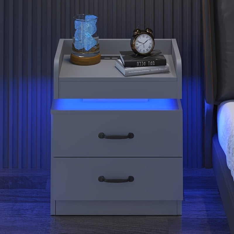 Wooden Nightstand with LED Ambient Light & Charging Station, Fabric Drawer, Blue Glow for an Everyday Personal Care Routine