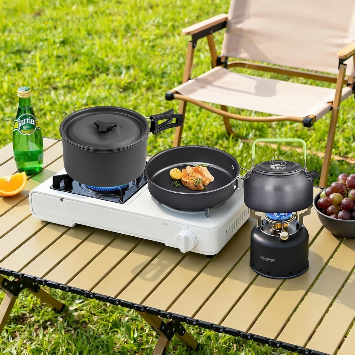 Camping Cookware Set, 19- or 27-Piece Coated Aluminum Mess Kit with Pot, Pan, Kettle, Cups, Plates and Cutlery