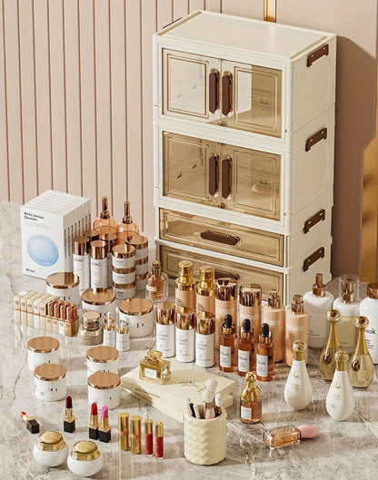 Modular Makeup Storage Cabinet with One or Two Doors, Two Transparent Drawers and White-Gold Trim