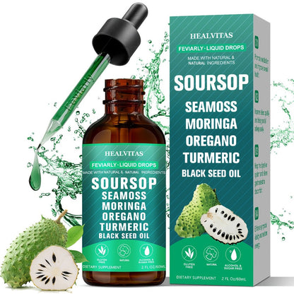 Soursop Bitters Liquid Drops 10-in-1 with Sea Moss Moringa Turmeric Black Seed Oil Oregano for Bath Time, Home Spa and Personal Care