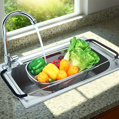 Expandable Sink Colander Stainless Steel, Over the Sink Strainer Basket with Fine Mesh & Rubber Grip