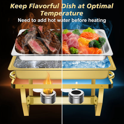 Chafing Dish Buffet Set 8QT Gold - Stainless Steel Food Warmer with Lid Foldable Stand for Entryways, Bedrooms and Living Spaces