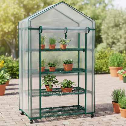 Walk-In Greenhouse Outdoor with Screen Windows, PE Cover, Portable Plant Shelter with Shelving Clips