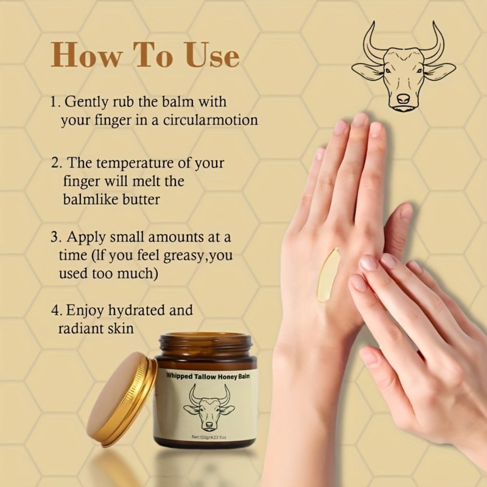 Grass-Fed Beef Tallow Balm with Honey & Hyaluronic Acid Natural Whipped Face Body Cream Nourishing Lotion Sensitive Skin Safe 114g/4oz