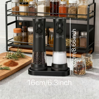 Electric Salt and Pepper Grinder Set Rechargeable USB Large with Base Adjustable Coarseness LED Display Kitchen Gift Silver Black