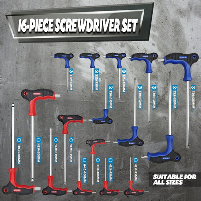 Hex Wrench Set 16-Piece T-Handle | Long Ball End & Star Hex Allen Keys, Chrome Vanadium Steel, Color-Coded, 1.5-10mm T10-T50 1/16-3/8
