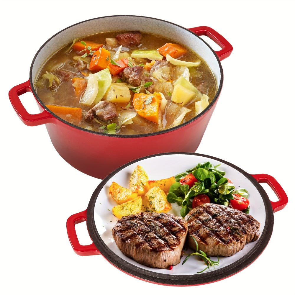 6QT Enameled Cast Iron Dutch Oven with Reversible 2QT Skillet-Style Lid and Four Color Options