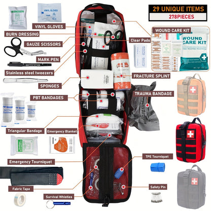 278-Piece First Aid Supply Kit in Roll-Out Tactical Bag with Black, Orange or Red Case Options
