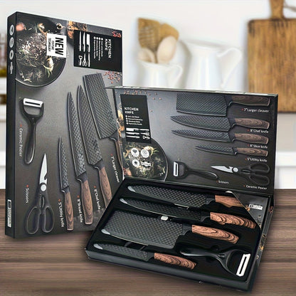 Kitchen Knife Set Professional Stainless Steel with Wooden Block – Hammer Textured Chef Knives, Self-Sharpening, Scissors Included