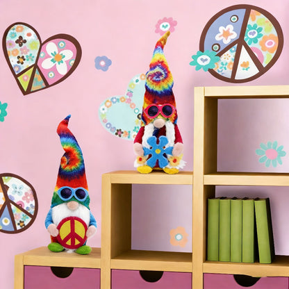 Hippie Gnomes Decorations 2 Pack – Groovy Tie Dye Tomte Figurines with Peace Sign & Fashion Glasses, 13.5" Swedish Gnome Shelf Sitters