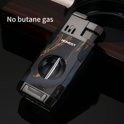 Cigar Torch Lighter with V-Shaped Cigar Cutter Built-in Clip Dual Windproof Jet Flame Visible for Entryways, Bedrooms and Living Spaces