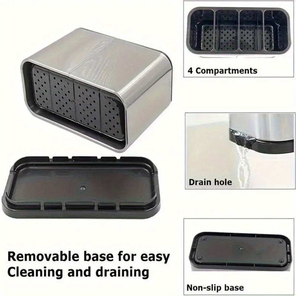 Utensil Holder Stainless Steel Cutlery Organizer 4-Compartment Countertop Caddy Anti-Slip for Home Cooking, Dining and Outdoor Meals