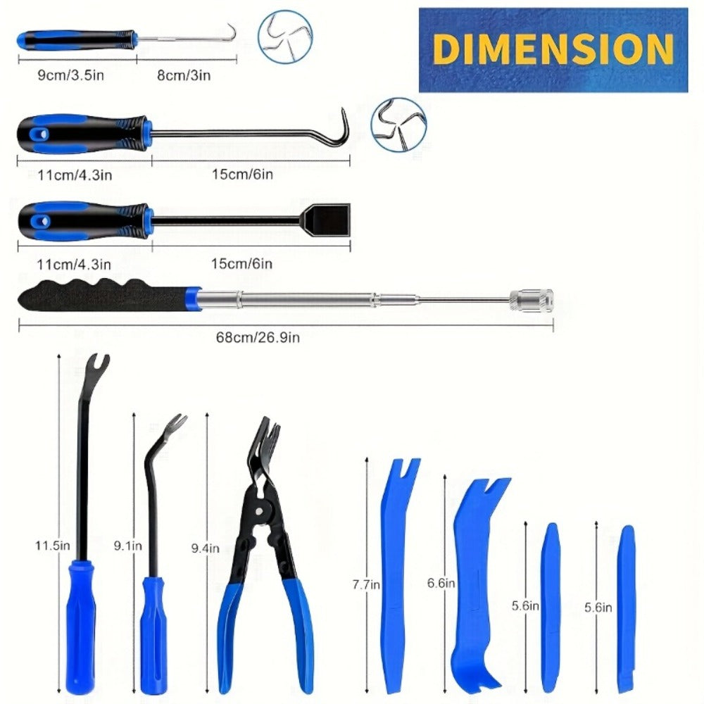 Auto Trim Removal Tool Kit 17pcs with Pry Tools Picks Metal Scraper Magnetic Telescopic Pickup Non-Slip Clips for Car Door Panel Dash