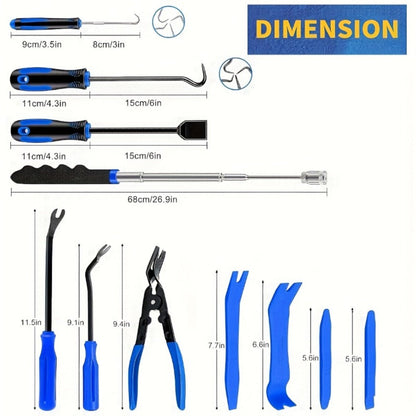 Auto Trim Removal Tool Kit 17pcs with Pry Tools Picks Metal Scraper Magnetic Telescopic Pickup Non-Slip Clips for Car Door Panel Dash