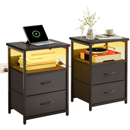 Nightstand Two Fabric Drawers with Charging Station, LED Accent Light and PU or Clear Desktop Options