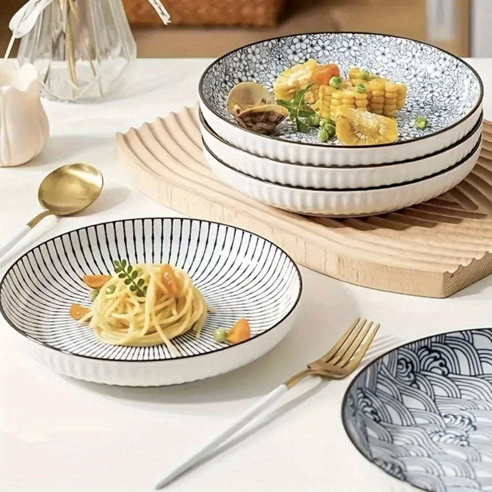 Japanese Ceramic Plates Set of 4, Floral Yamada Pattern Dinnerware, 7-Inch Round Serving Plates with Edge