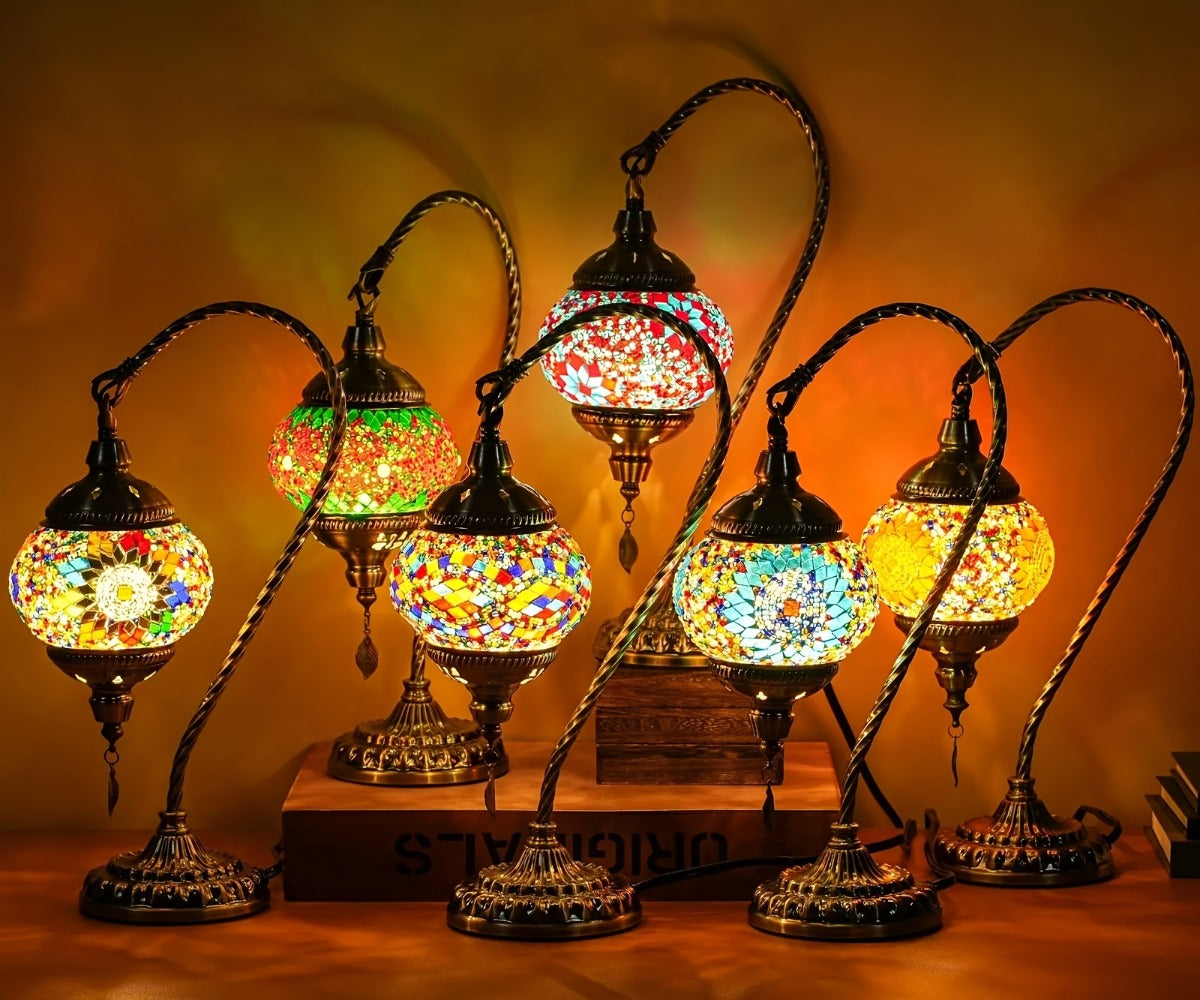 Table Lamp with Swan-Neck Mosaic Glass Shade, Metal Base, Six Color Options and Three White-Light Modes