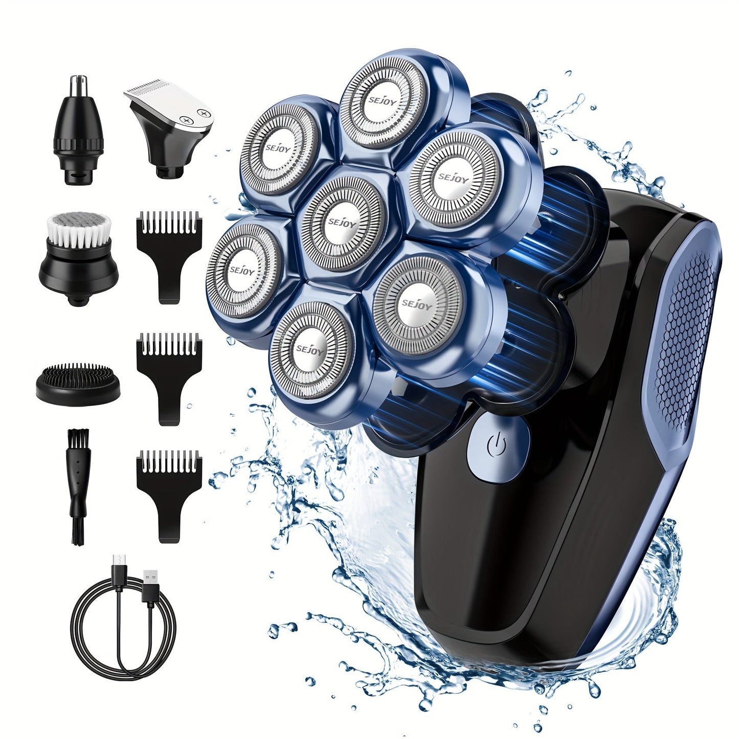 Skull Shaver for Bald Men 5-in-1 Rechargeable Rotary Electric Razor - 7D Floating Heads, 3-Speed LED Display Grooming Kit
