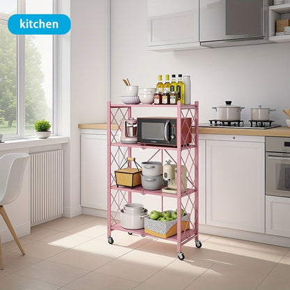 Three-to-Five-Tier Foldable Storage Rack with Carbon Steel Frame, Lockable Wheels and Three Colors