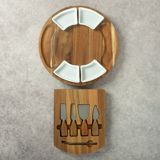 Round 13-Inch Wood-Look Charcuterie Board Set with Four White Bowls, Utensil Drawer and Serving Tools