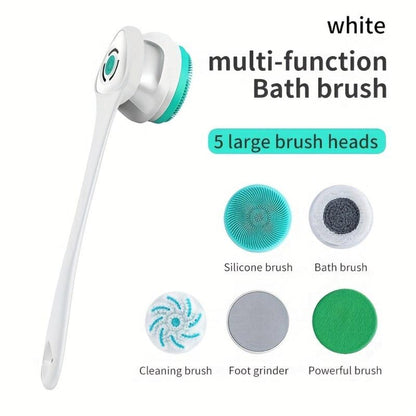 Electric Body Scrubber Brush 5-in-1 Rotating Shower Exfoliator with Long Handle - Bristle Bath Brush for Back Face & Full Body