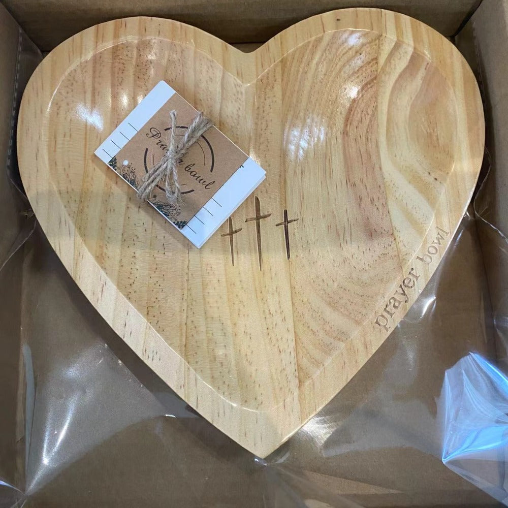 Wooden Prayer Bowl with 24 Prayer Cards – Hand-Carved Heart Shaped Cross Engraved Vintage Religious Gift Set for Easter, Christmas