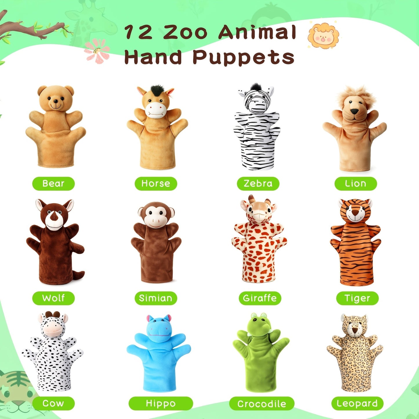 Twelve-Piece Zoo Animal Hand Puppet Set with Bear, Zebra, Lion, Giraffe, Hippo and More Designs